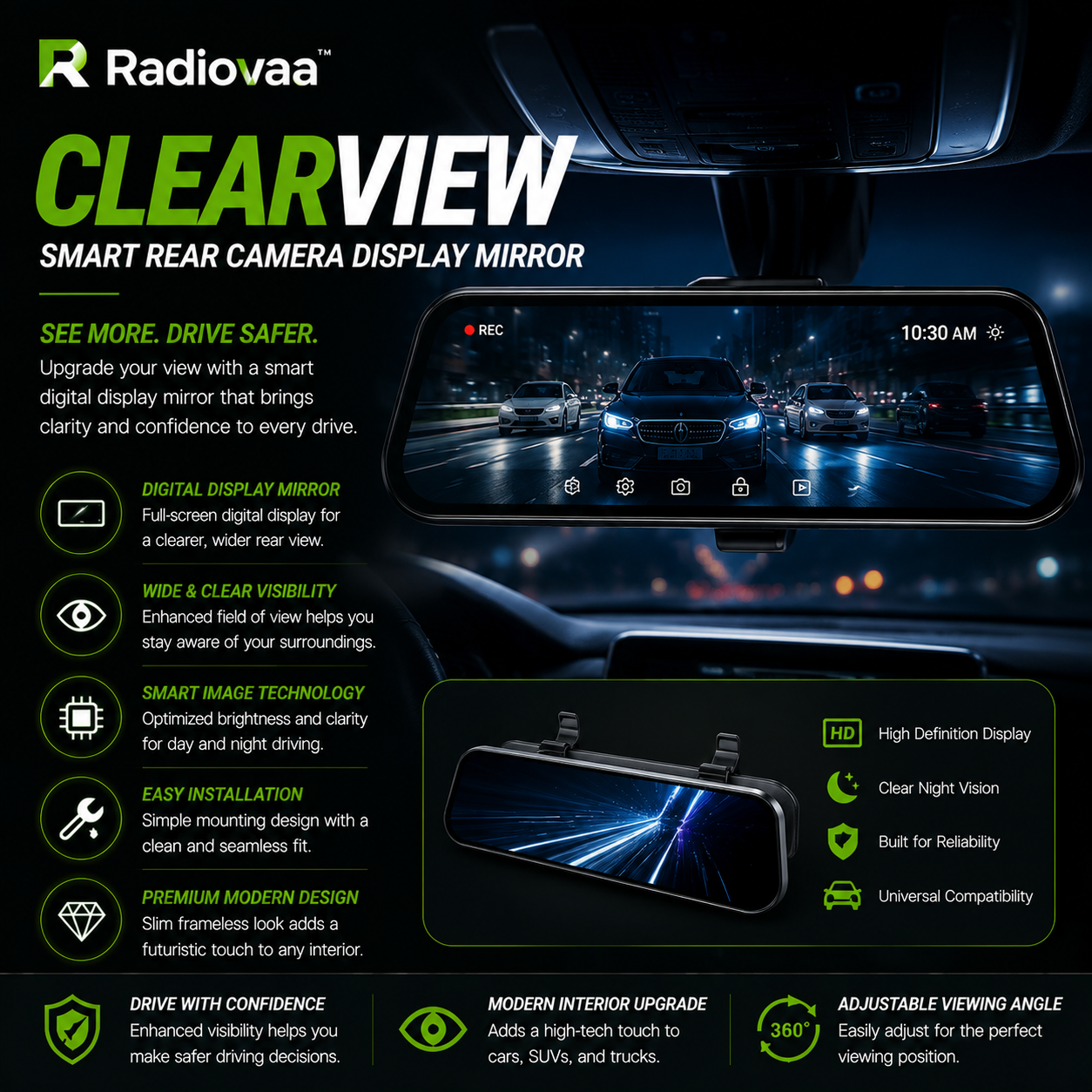 Radiovaa™ ClearView Smart Rear Camera Display Mirror
