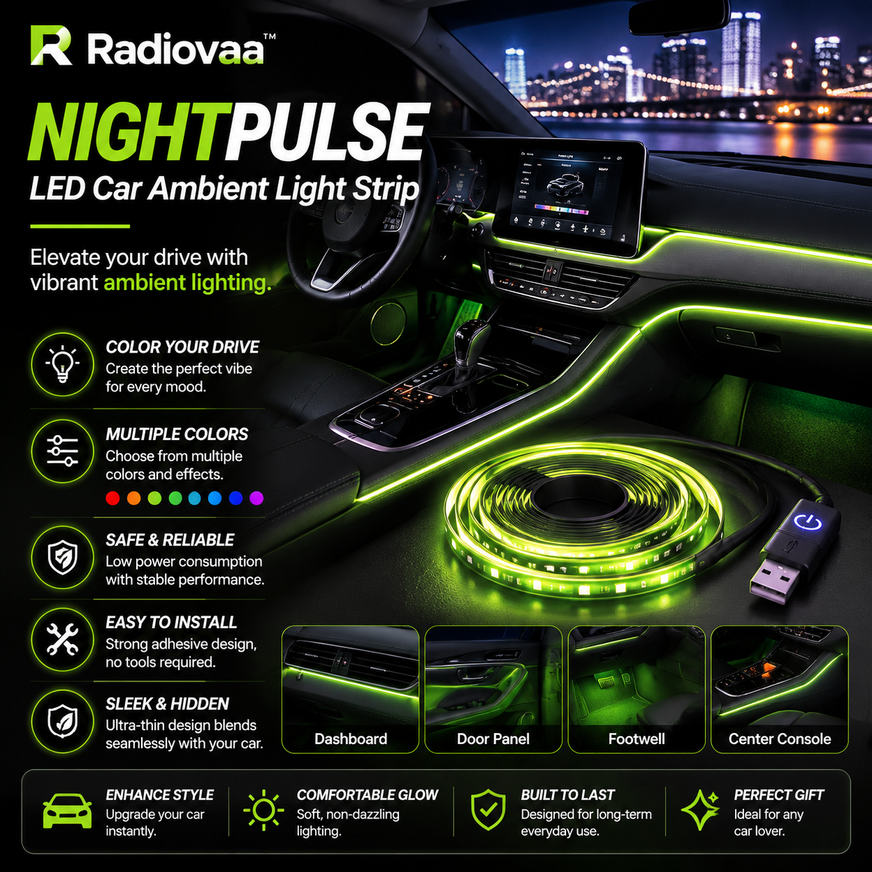 Radiovaa™ NightPulse LED Car Ambient Light Strip