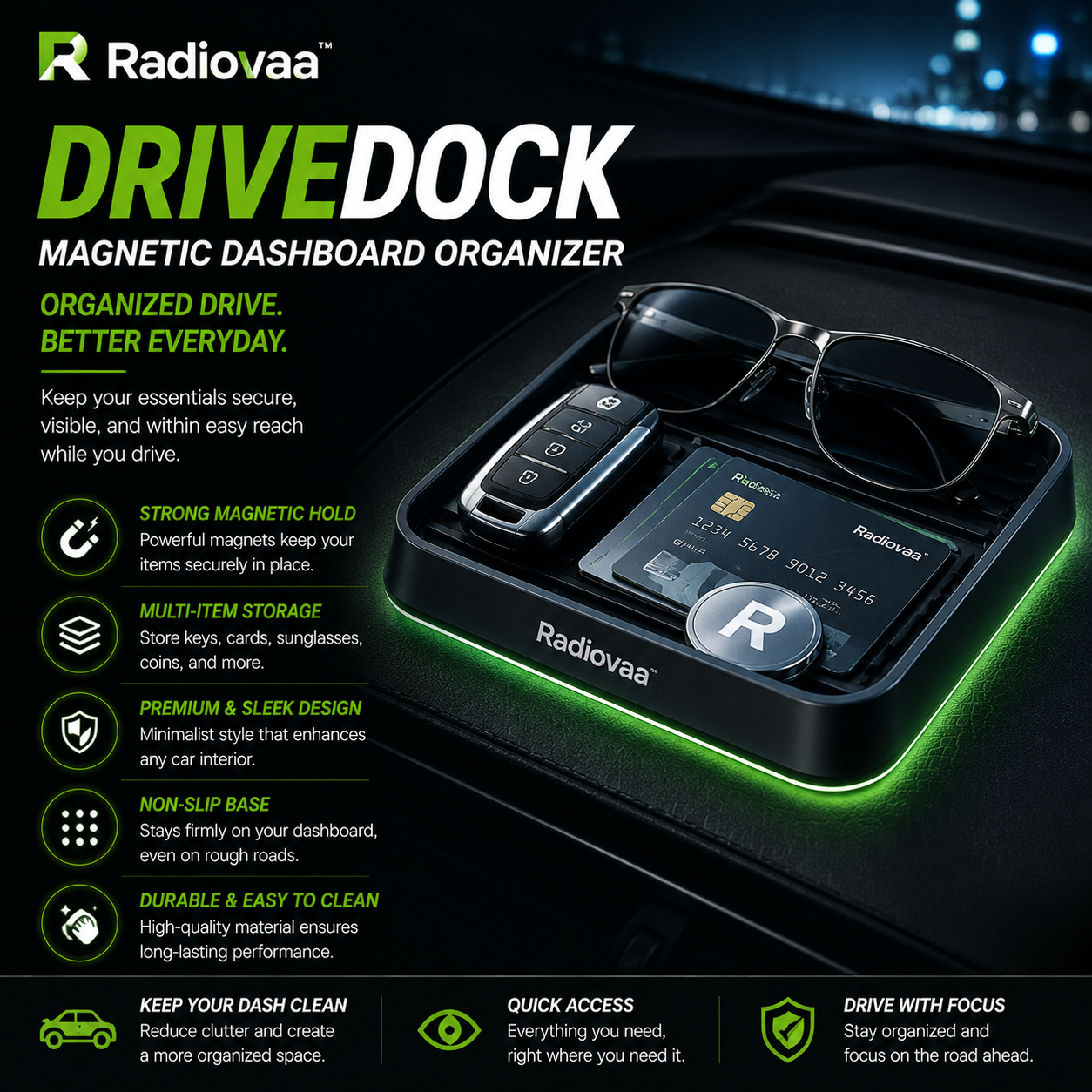Radiovaa™ DriveDock Magnetic Dashboard Organizer