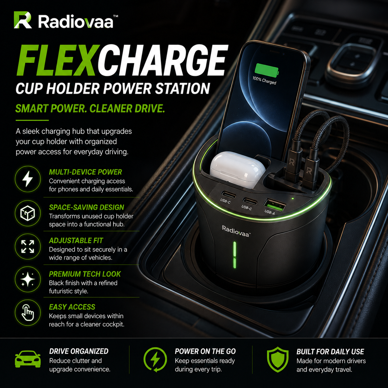Radiovaa™ FlexCharge Cup Holder Power Station