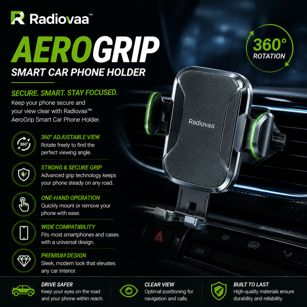 Radiovaa™ AeroGrip Smart Car Phone Holder